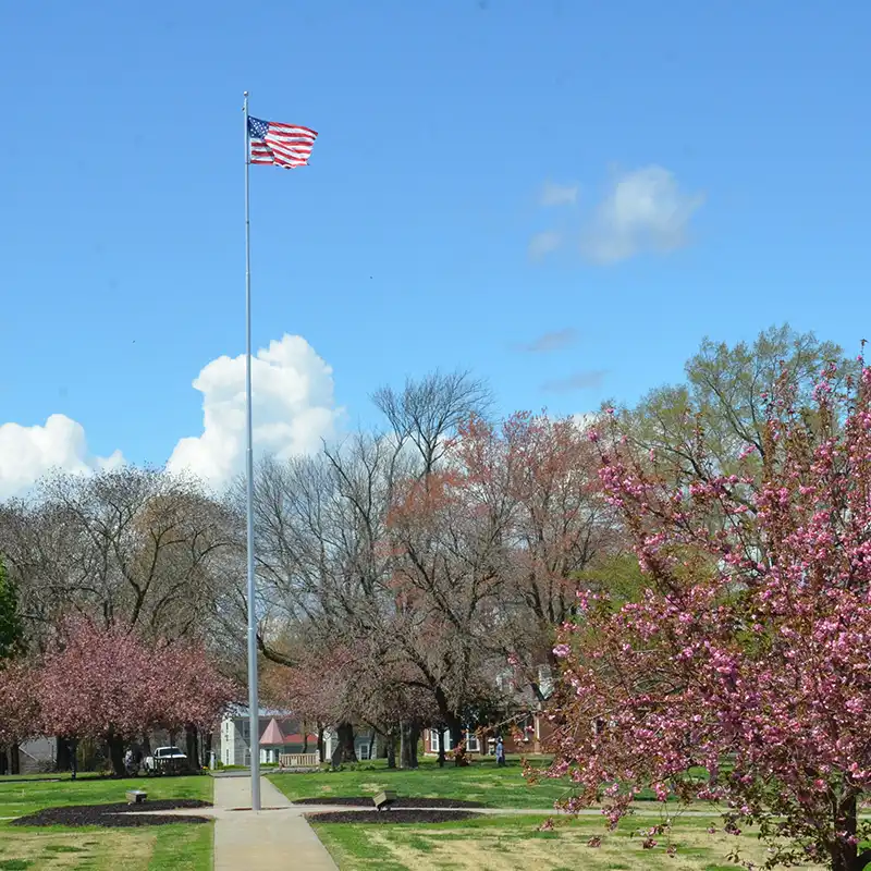 The flag flies above Fraley Circle