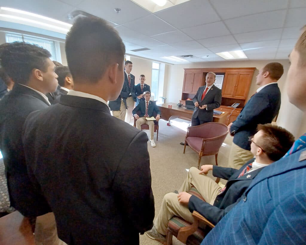 Cadets meet Del. Christopher Head in his office at the State Capitol.