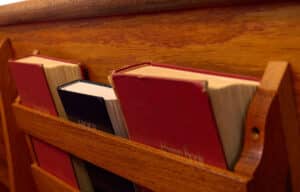 Hymnals in a church pew