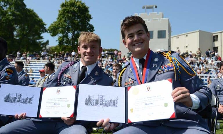 Cadets celebrate receiving their high school diplomas at Fork Union Military Academy's Class of 2023 graduation ceremony in June 2023.