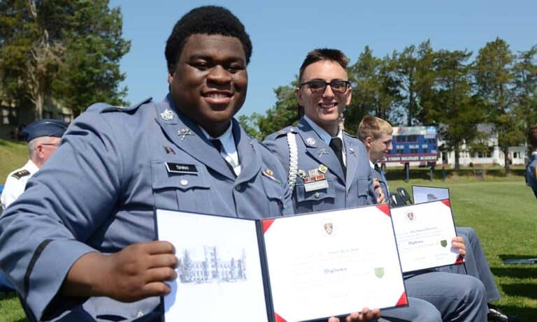 Cadets celebrate receiving their high school diplomas at Fork Union Military Academy's Class of 2023 graduation ceremony in June 2023.